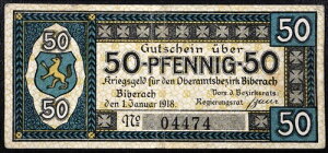 BIBERACH 1918 XX-RARE Tail-Up Lion 50 Pfennig German Notgeld