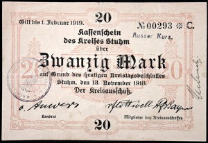STUHM / SZTUM 1918 RARE 20 Mark Grossnotgeld German Notgeld Poland West Prussia