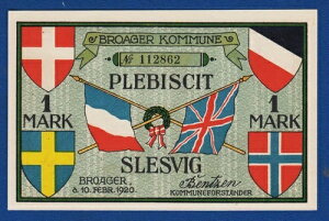 1 One Mark 1920�A�h�C�c Notgeld�ABROAGER KOMMUNE PLEBISCIT�ASLESVIG�ADANMARK !