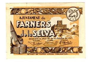�X�y�C�� SPAIN ESPANA AJUNTAMENT FARNERS de la SELVA �r���b�g 25 cts 1937 NEW UNC