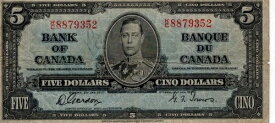 カナダ銀行 1937年 5ドル札 ゴードン・タワーズ K/C プレフィックス VG/F 国王ジョージ6世