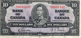 カナダ銀行 1937年 10ドル札 ゴードン・タワーズ ND プレフィックス VF+ 国王ジョージ6世