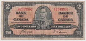 1937年 $2 カナダ銀行 - F/VF - コインタワーズ - A/R プレフィックス - inv#454