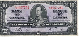 カナダ銀行 1937年 10ドル札 ゴードン・タワーズ LD プレフィックス VF+ 国王ジョージ6世