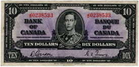 カナダ銀行 1937年 10ドル札 ゴードン・タワーズ J/D プレフィックス VF+ 国王ジョージ6世