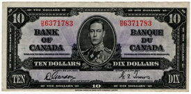 カナダ銀行 1937年 10ドル札 ゴードン・タワーズ N/D プレフィックス VF+ 国王ジョージ6世