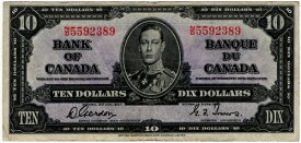 カナダ銀行 1937年 10ドル札 ゴードン・タワーズ N/D プレフィックス VF+ 国王ジョージ6世
