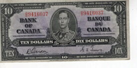 カナダ銀行 1937年 10ドル札 ゴードン・タワーズ OD プレフィックス VF+ 国王ジョージ6世