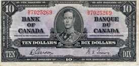 カナダ銀行 1937年 10ドル札 ゴードン・タワーズ ND プレフィックス VF+ 国王ジョージ6世