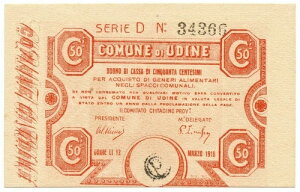 50 CENTESIMI BUONO DI CASSA COMUNE DI UDINE ��ꎟ���E��� 12/03/1918 FDS-/FDS