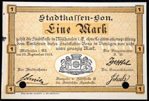 M?Lhausen/Mulhouse 1914 1 Mark early WWI �h�C�c Notgeld France Alsace-