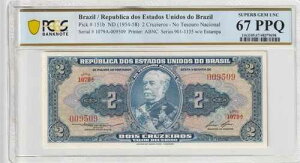�u���W�� 1954�N 2�N���W�G���X PCGS�F�莆�� UNC 67 PPQ 151b ��V���A���ԍ�