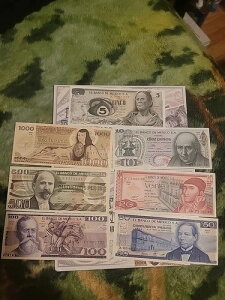 Carpeta 7 billetes Banco de Mexico 1970-1980 5,10,20,50,100,500 y 1000 Sin Circ