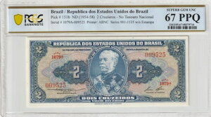 �u���W�� 1954�N 2�N���W�G���X PCGS�F�莆�� UNC 67 PPQ 151b ��V���A���ԍ�