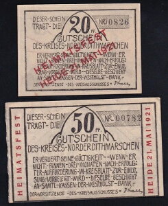 2x Norderdithmarschen: 20 + 50 Pfennig �I�[�o�[�v�����g Heath Heath 1921�N5��21��-