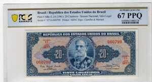 �u���W�� 1961�N 20 �N���W�G���X �F�� PCGS ���� UNC 67 PPQ Pick 168a