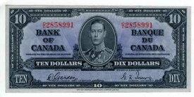 カナダ銀行 1937年 10ドル札 ゴードン・タワーズ O/D プレフィックス EF+ 国王ジョージ6世