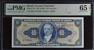�u���W�� 10 �N���[�C�� 1943 P 135 UNC PMG 65 EPQ �n���h�T�C�� �Z���G 292A 3rd TOP POP