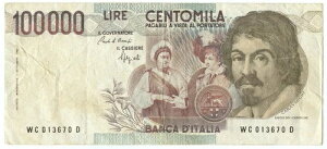 100000 ���� FALSO D'EPOCA BANCA D'ITALIA CARAVAGGIO I TIPO 01/12/1986 BB