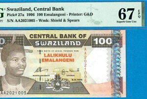 Swaziland-100 Emalangeni-1996-SN AA2021005-P.27A * PMG 67 �ɏ��i UNC * �g�b�v�|�b�v *-