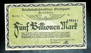 1923�N �h�C�c REICHSBANH STUTTG 5,000,000,000,000 / 5���}���N���� UNC