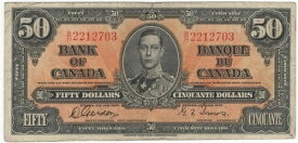 カナダ銀行 1937年 50ドル ゴードン・タワーズ B/H プレフィックス F/VF 国王ジョージ6世
