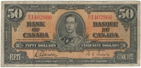 カナダ銀行 1937年 50ドル ゴードン・タワーズ B/H プレフィックス F/VF 国王ジョージ6世