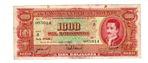 �{���r�A BOLIVIA ���� 1000 BOLIVIANOS 1945 P149 MURILLO VF �ǍD�ȏ�ԁB
