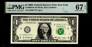 2009�N �j���[���[�N�� $1�BFR: 3000-B* (STAR NOTE)�BPMG�O���[�h: 67 PPQ�B�V���A���i���o�[�ǍD�B
