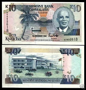 �}���E�C 10 KWACHA P-25 1990�N Dr.Banda Boat Rooster UNC �}���E�C���E�ʉݎ���-