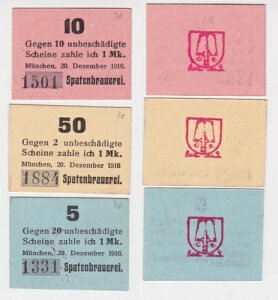 5, 10, 50 Pfennig Banknoten Notgeld M?nchen Spatenbrauerei 20.12.1916 (152270)