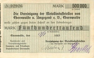 �G�[�o�[�X���@���fVer. der Metallindustriellen 500 Tausend Mark 1923 sehr leicht gebr.
