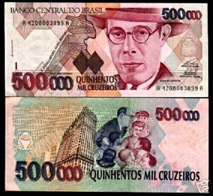 500,000 �u���W�� CRUZEIRO 500000 P-236 1993 x 1 �� UNC 1/2 �S�� �u���W�� NOTE