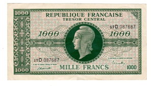 FRANCE TR?SOR CENTRAL Billet 1000 FRANCS ND 1945 P107 WWII MARIANNE GOOD COND...