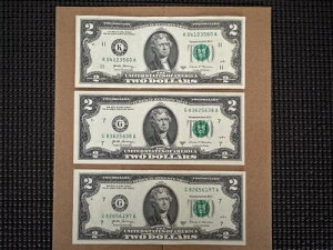 �i3�j2017A $2 Fed Notes SN K04123560A; G82656197A�����G83625638A UNC�t�@���V�[SN