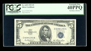 DBR $5 1953 �V���o�[ Fr. 1655 CA �u���b�N PCGS XF-40 PPQ �V���A�� C92981293A