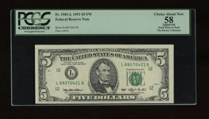 DBR 1993 $5 FRN �T���t�����V�X�R Fr. 1983-L PCGS App 58 �V���A�� L88070421B