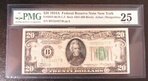 1934-A $20 $1 FWDERAL RESERVRE NOTE B07224077B 204 PLATE PMG 25