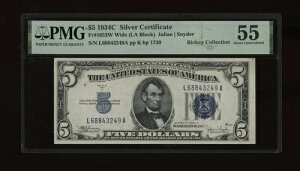 DBR $5 1934-C �V���o�[ Fr. 1653W LA�u���b�N ���C�h�t�F�C�X PMG 55 �V���A�� L68843249A