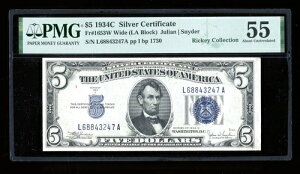DBR $5 1934-C �V���o�[ Fr. 1653W LA�u���b�N ���C�h�t�F�C�X PMG 55 �V���A�� L68843247A