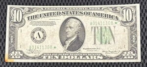 1934-A $10.00 �X�^�[�A�M������s�� VF+ ��� A01411308* �p�Ƀ_���[�W����