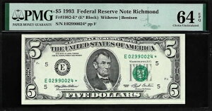 US $ 5 1993 PMG 64 EPQ UNC Fr #1982-E* �X�^�[�m�[�g FRN ���b�`�����h �E�B�Y���E/�x���c�F��