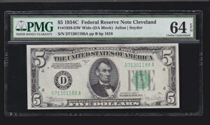 US 1934C $5 FRN �N���[�u�����h ���C�h FR 1959-DW PMG 64 EPQ V Ch CU (188)
