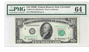 1950�NB $10 �A�M��������s�� Cleveland FR.2012-D (DB �u���b�N) PMG64�B-