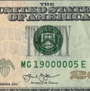5 in a Row 0s 19Mil 20$ note 2013 MG1900005E ���v15�N�� 1900�N5��