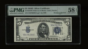 DBR 1934-D $5 �V���o�[ Fr. 1654Wi ���C�h I UA �u���b�N PMG 58 EPQ �V���A�� U04796394A