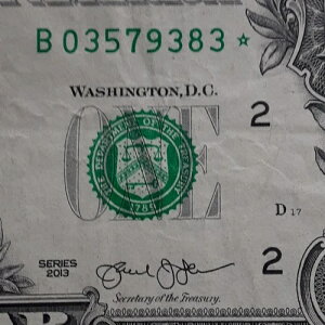 DC �d���V���A���ԍ� STAR Note B 03579383 �� 1�h�� $1 �����G���[ 2013