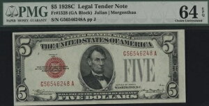 1928-C $5 PMG 64 EPQ �č����� Fr. 1528 GA �u���b�N