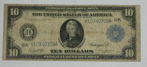 �V���[�Y 1914 ��^�u���[�V�[�� $10 Fed Res Note 11-K Fine Fr#947 ���t���[-