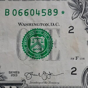 FW �d���V���A���ԍ� STAR Note B 06604589 �� 1�h�� $1 �����G���[ 2013